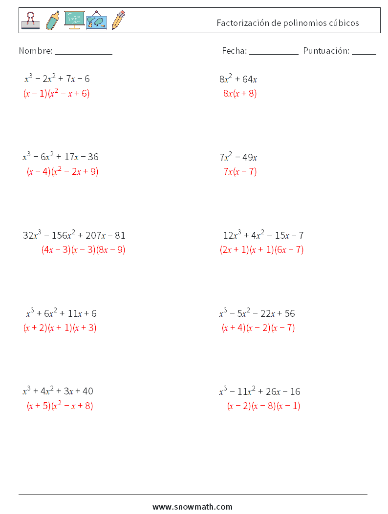 Factorización de polinomios cúbicos Hojas de trabajo de matemáticas 1 Pregunta, respuesta