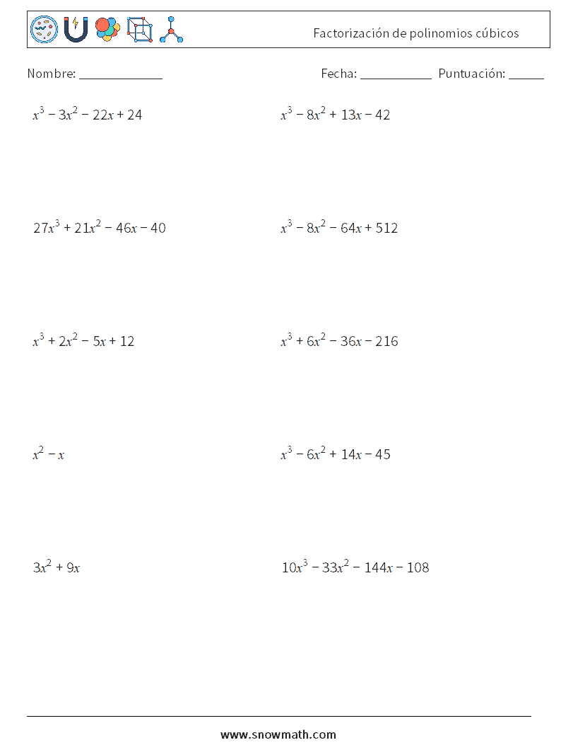 Factorización de polinomios cúbicos Hojas de trabajo de matemáticas 2