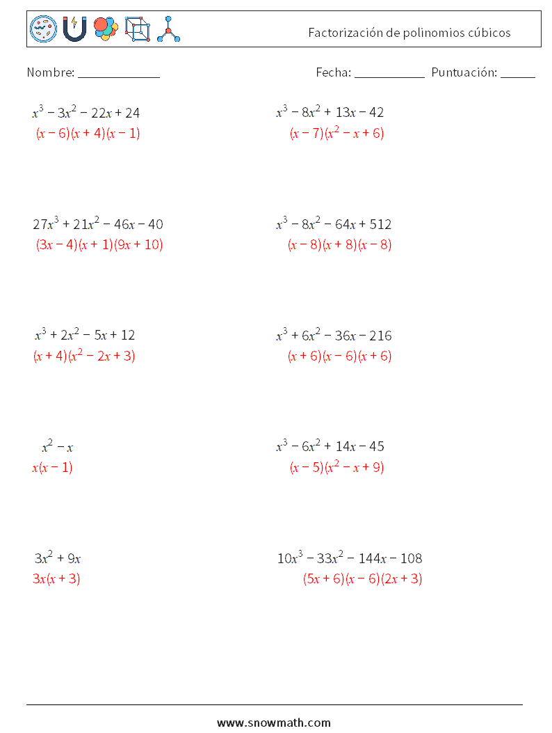 Factorización de polinomios cúbicos Hojas de trabajo de matemáticas 2 Pregunta, respuesta
