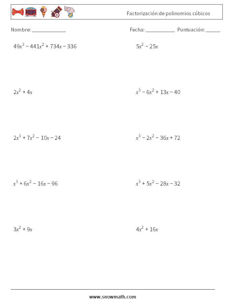 Factorización de polinomios cúbicos Hojas de trabajo de matemáticas 3