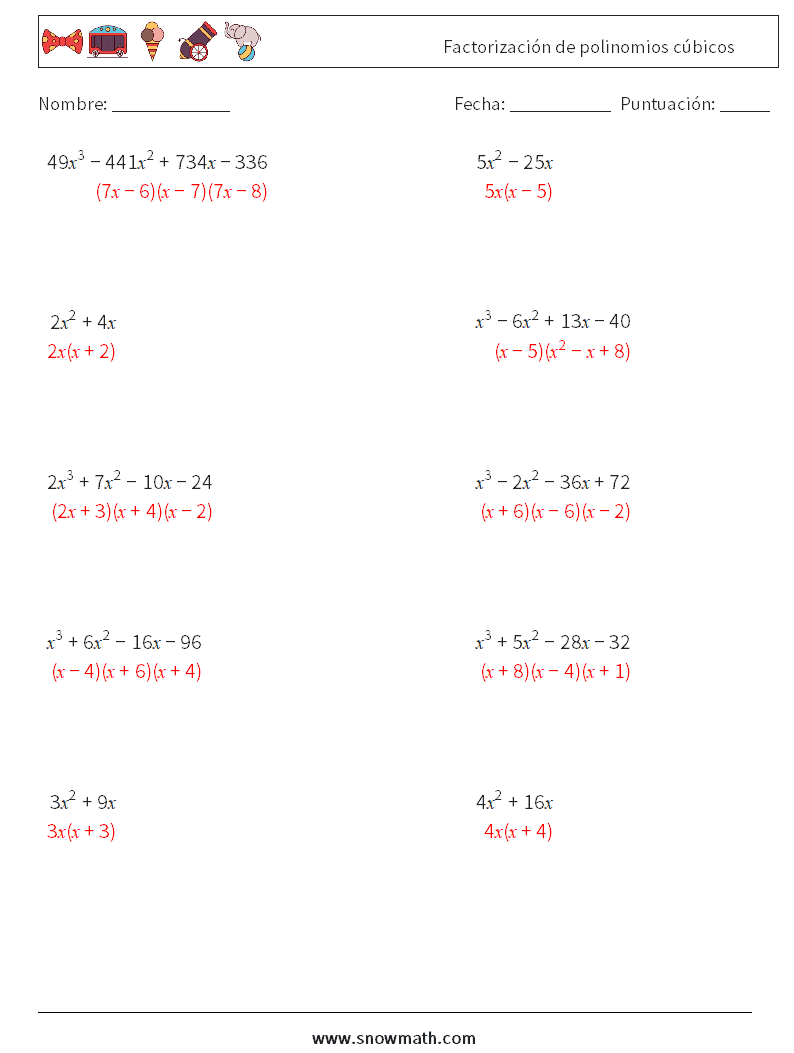 Factorización de polinomios cúbicos Hojas de trabajo de matemáticas 3 Pregunta, respuesta