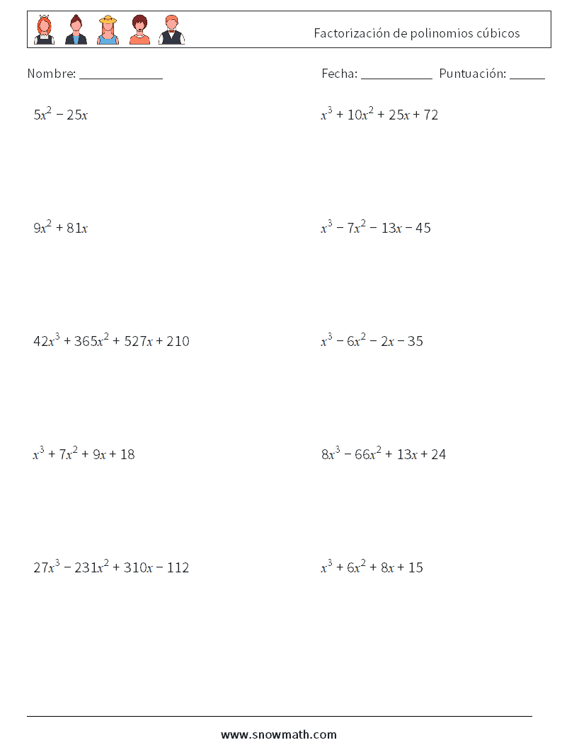 Factorización de polinomios cúbicos Hojas de trabajo de matemáticas 4