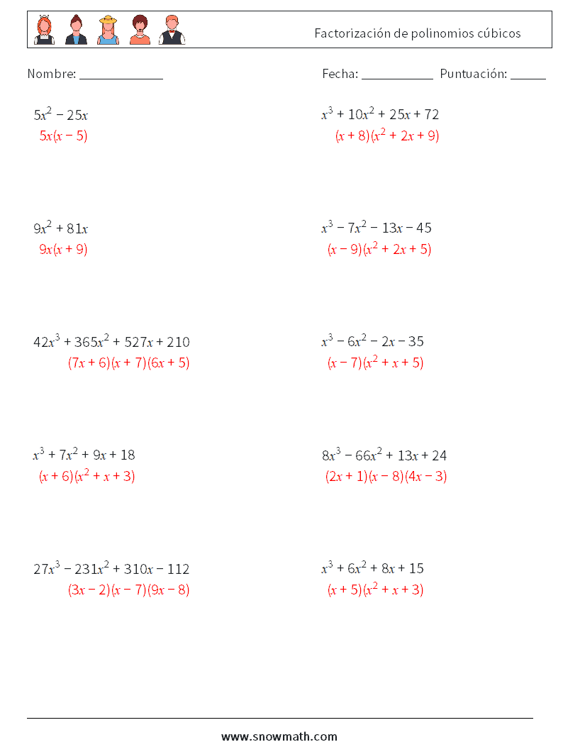 Factorización de polinomios cúbicos Hojas de trabajo de matemáticas 4 Pregunta, respuesta
