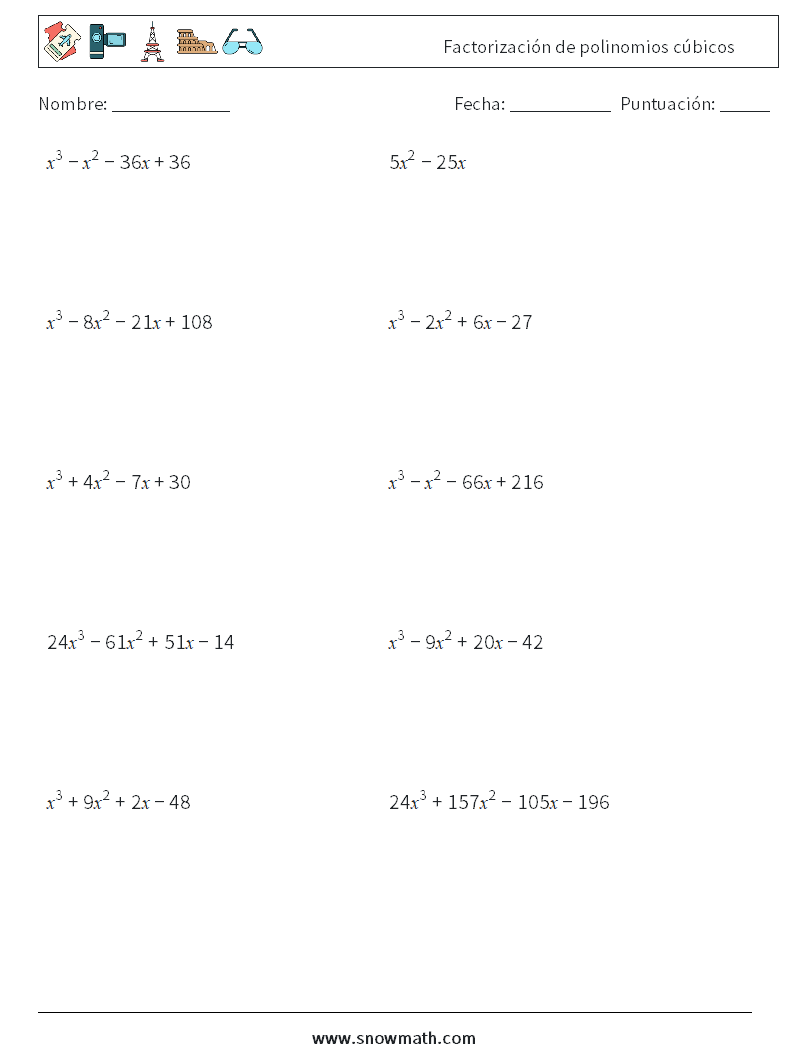 Factorización de polinomios cúbicos Hojas de trabajo de matemáticas 5