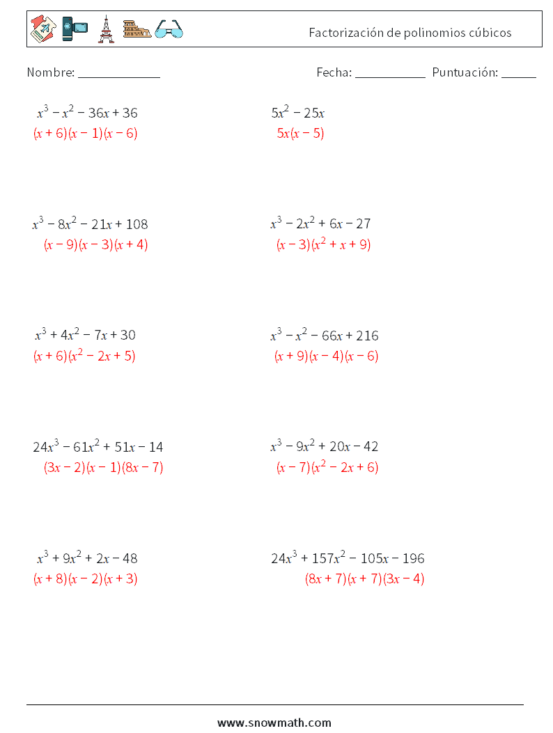 Factorización de polinomios cúbicos Hojas de trabajo de matemáticas 5 Pregunta, respuesta