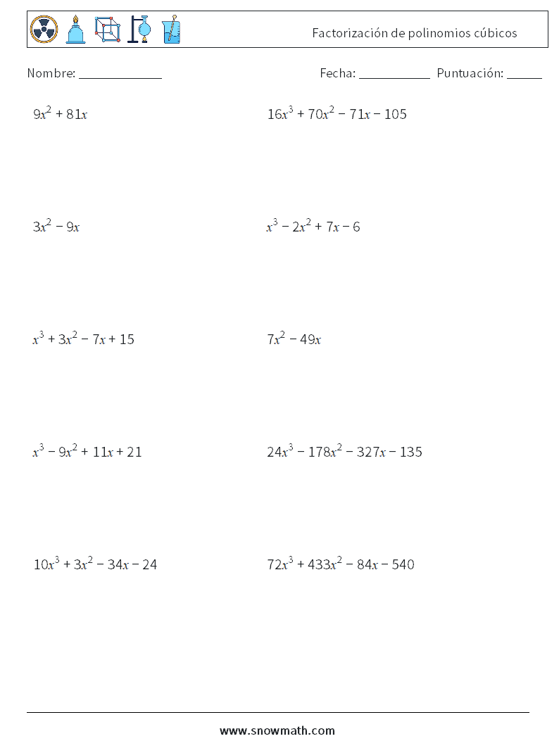 Factorización de polinomios cúbicos Hojas de trabajo de matemáticas 6