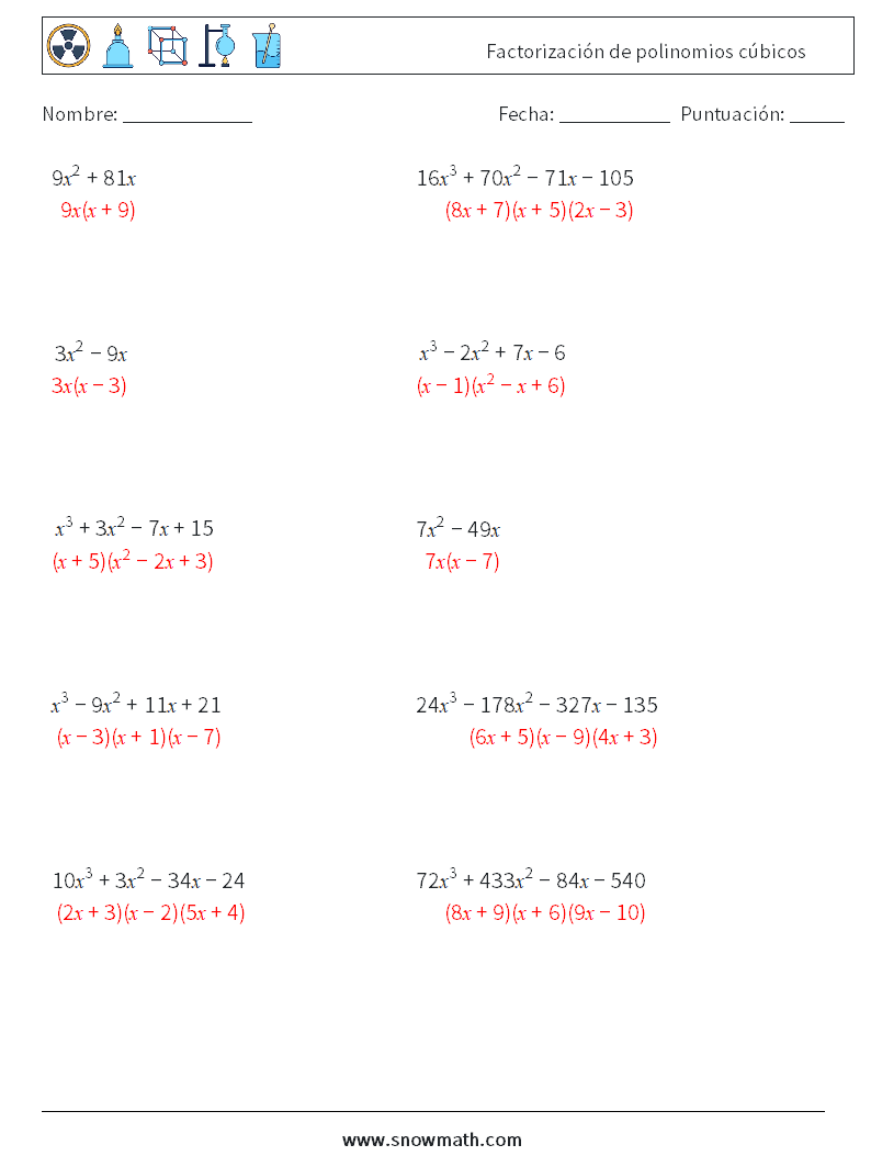 Factorización de polinomios cúbicos Hojas de trabajo de matemáticas 6 Pregunta, respuesta