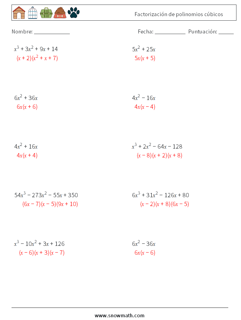 Factorización de polinomios cúbicos Hojas de trabajo de matemáticas 7 Pregunta, respuesta