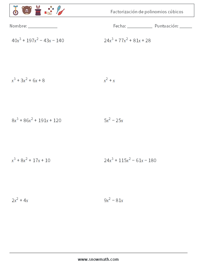 Factorización de polinomios cúbicos Hojas de trabajo de matemáticas 8