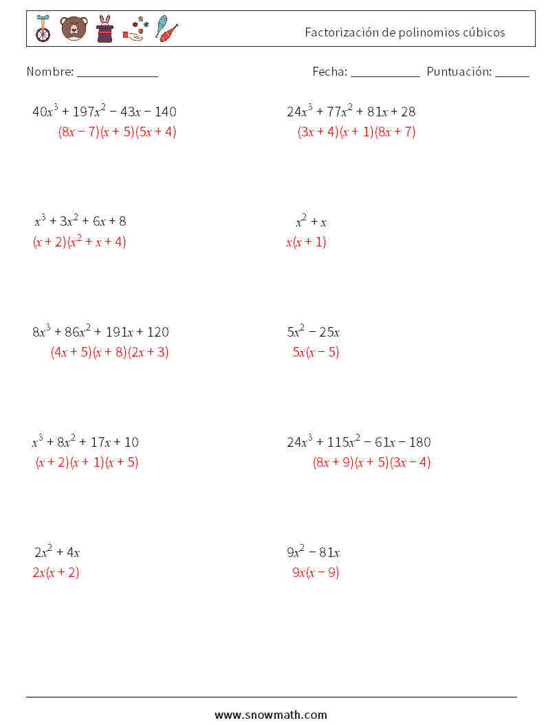 Factorización de polinomios cúbicos Hojas de trabajo de matemáticas 8 Pregunta, respuesta