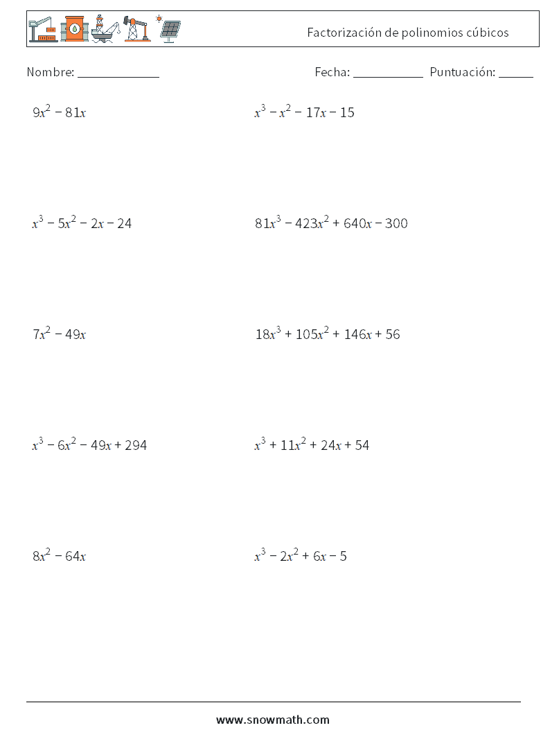 Factorización de polinomios cúbicos Hojas de trabajo de matemáticas 9