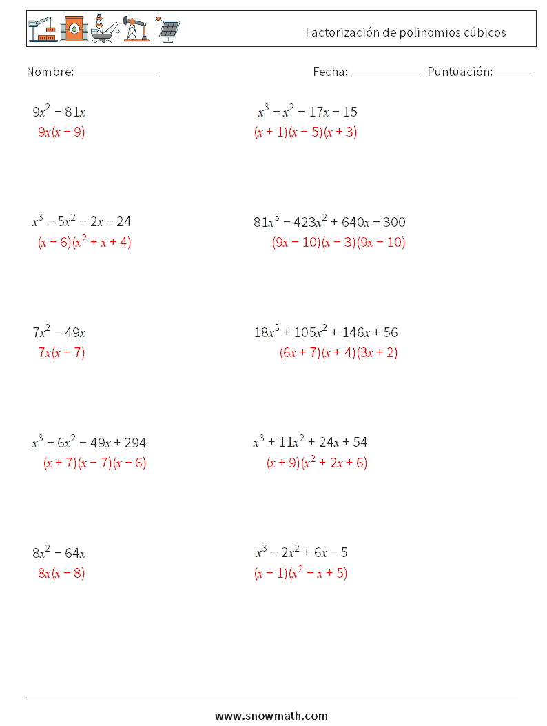 Factorización de polinomios cúbicos Hojas de trabajo de matemáticas 9 Pregunta, respuesta