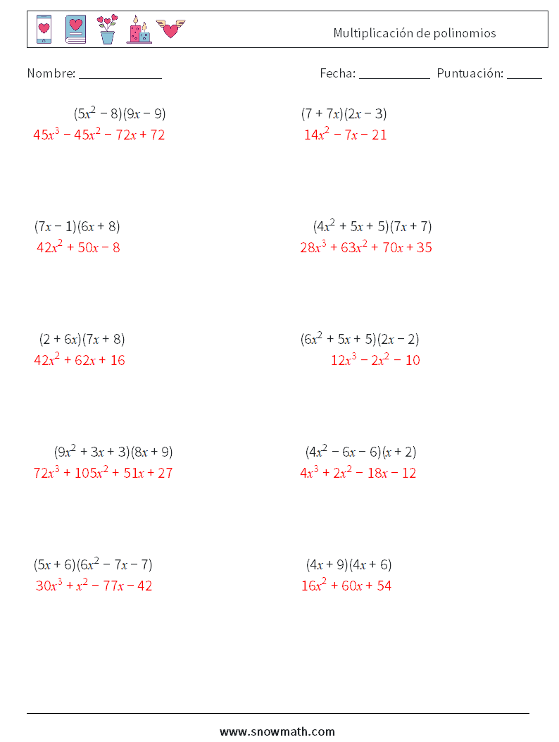 Multiplicación de polinomios Hojas de trabajo de matemáticas 2 Pregunta, respuesta