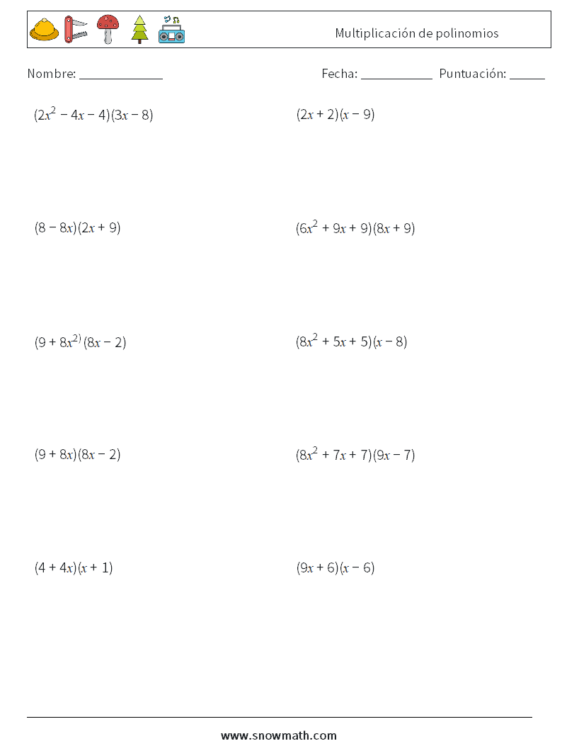 Multiplicación de polinomios Hojas de trabajo de matemáticas 3