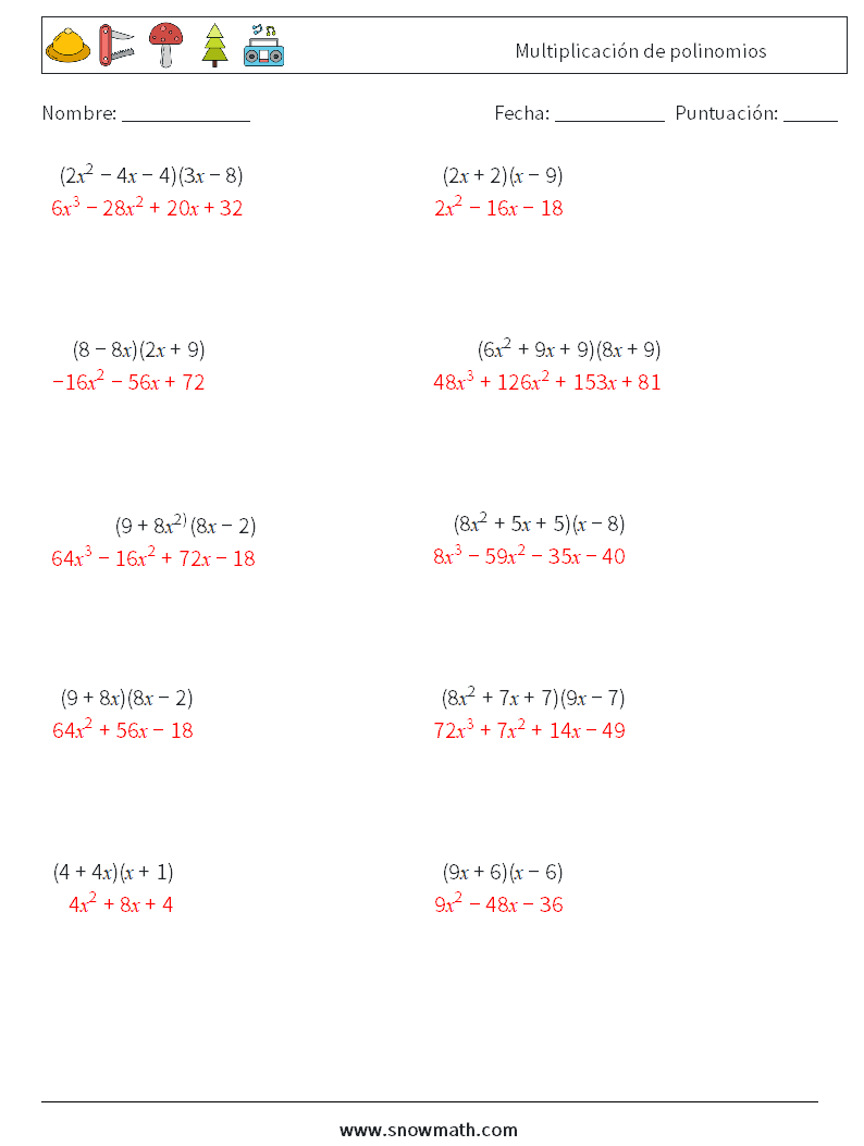 Multiplicación de polinomios Hojas de trabajo de matemáticas 3 Pregunta, respuesta