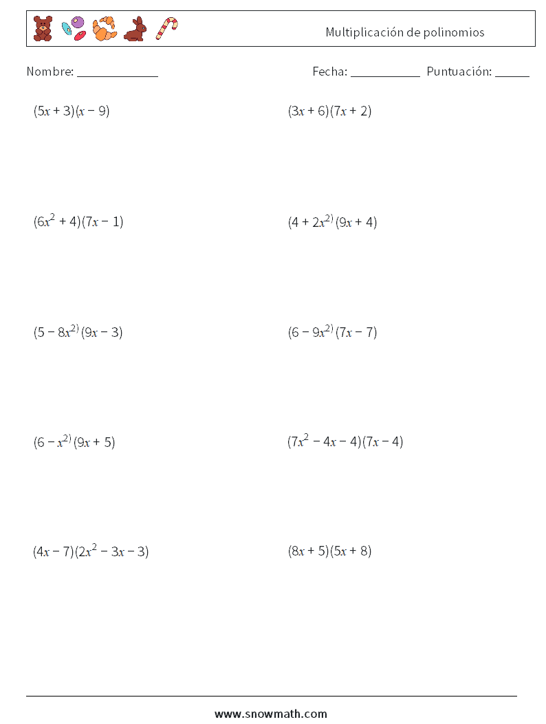 Multiplicación de polinomios Hojas de trabajo de matemáticas 4