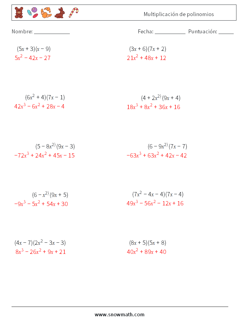 Multiplicación de polinomios Hojas de trabajo de matemáticas 4 Pregunta, respuesta