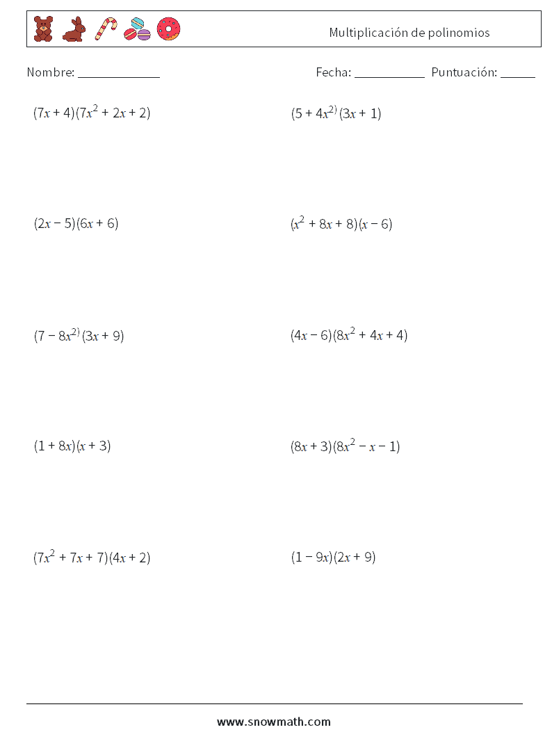 Multiplicación de polinomios Hojas de trabajo de matemáticas 5