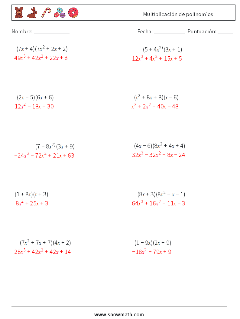 Multiplicación de polinomios Hojas de trabajo de matemáticas 5 Pregunta, respuesta