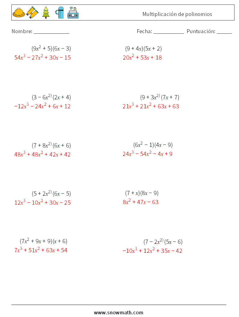 Multiplicación de polinomios Hojas de trabajo de matemáticas 6 Pregunta, respuesta