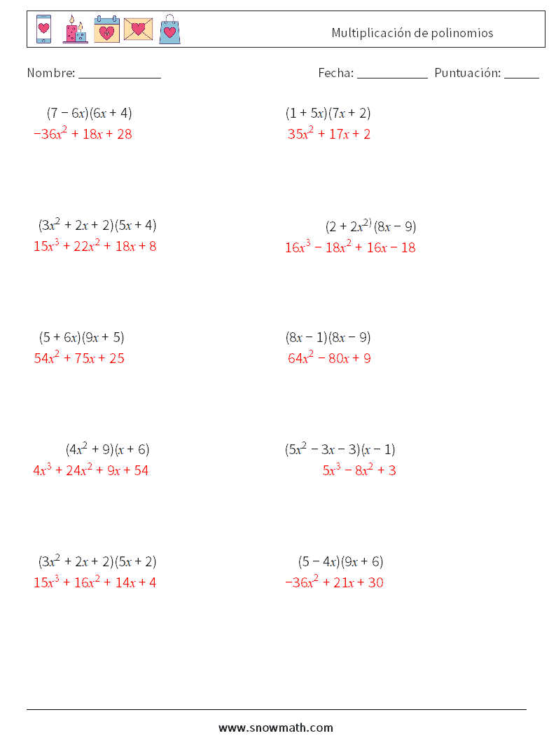 Multiplicación de polinomios Hojas de trabajo de matemáticas 7 Pregunta, respuesta