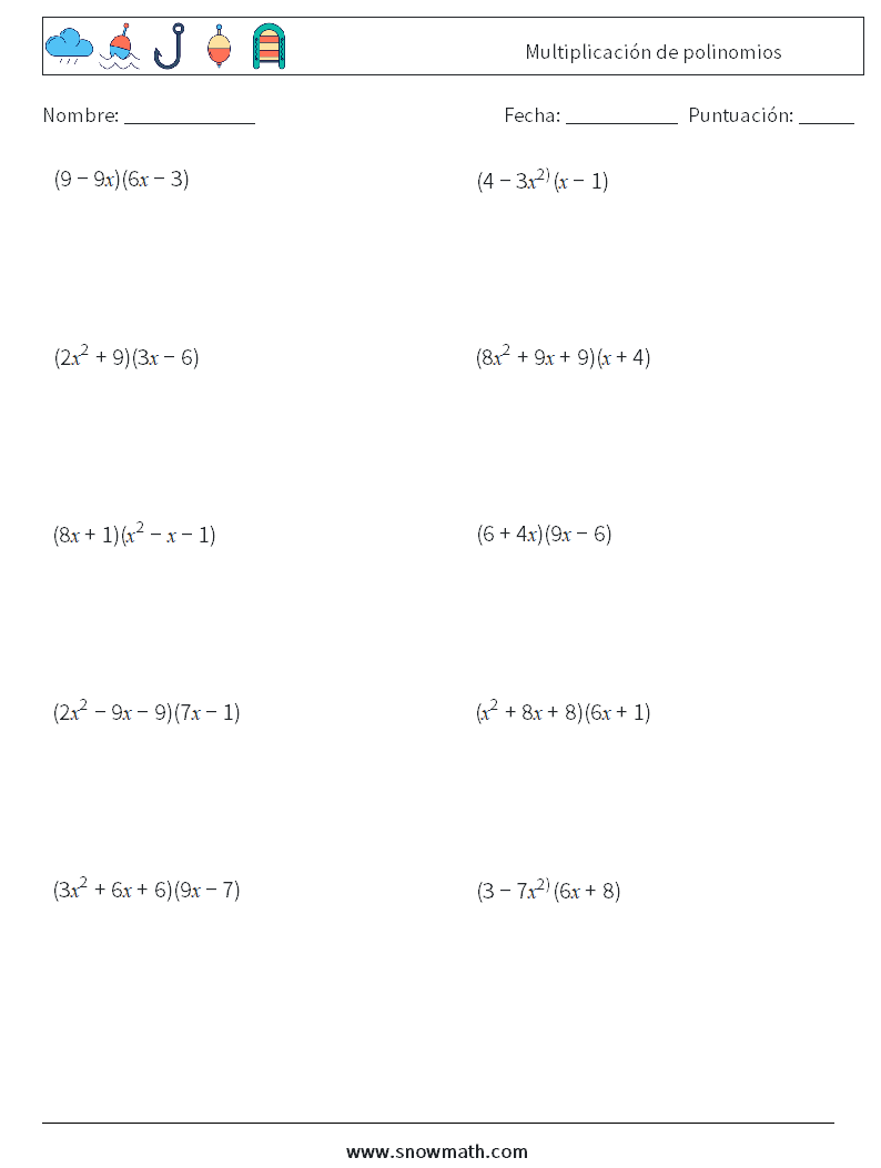 Multiplicación de polinomios Hojas de trabajo de matemáticas 8