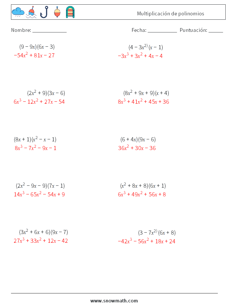 Multiplicación de polinomios Hojas de trabajo de matemáticas 8 Pregunta, respuesta