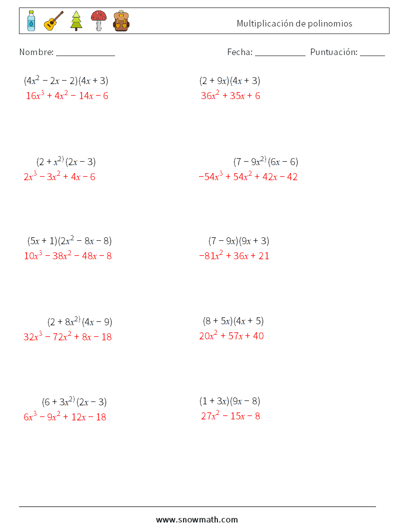 Multiplicación de polinomios Hojas de trabajo de matemáticas 9 Pregunta, respuesta