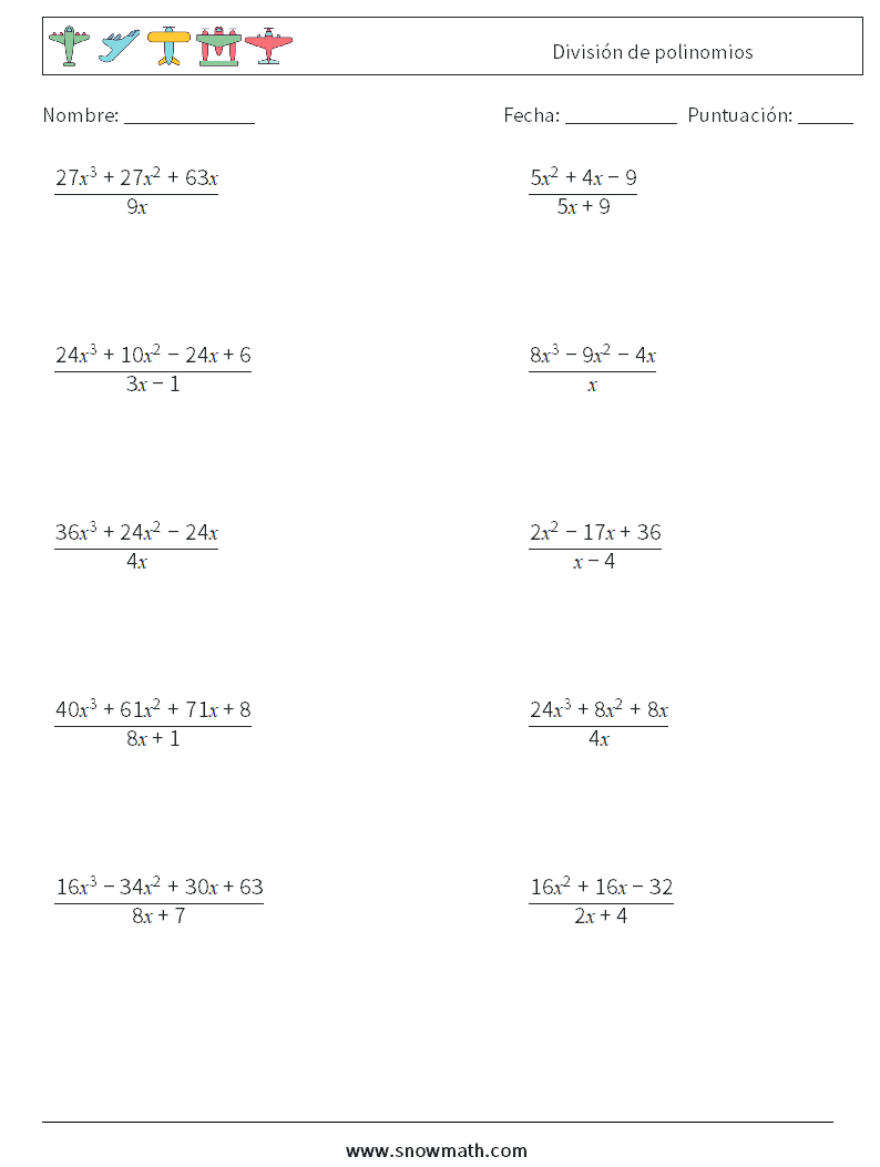 División de polinomios Hojas de trabajo de matemáticas 1