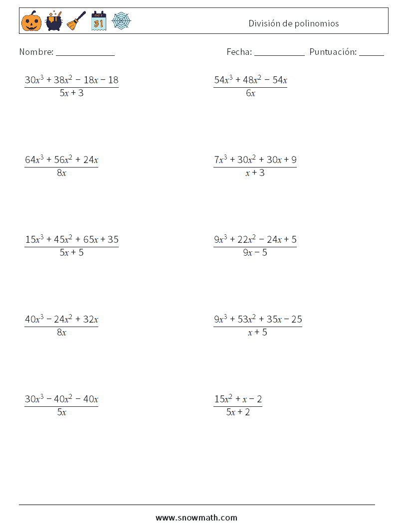 División de polinomios Hojas de trabajo de matemáticas 2