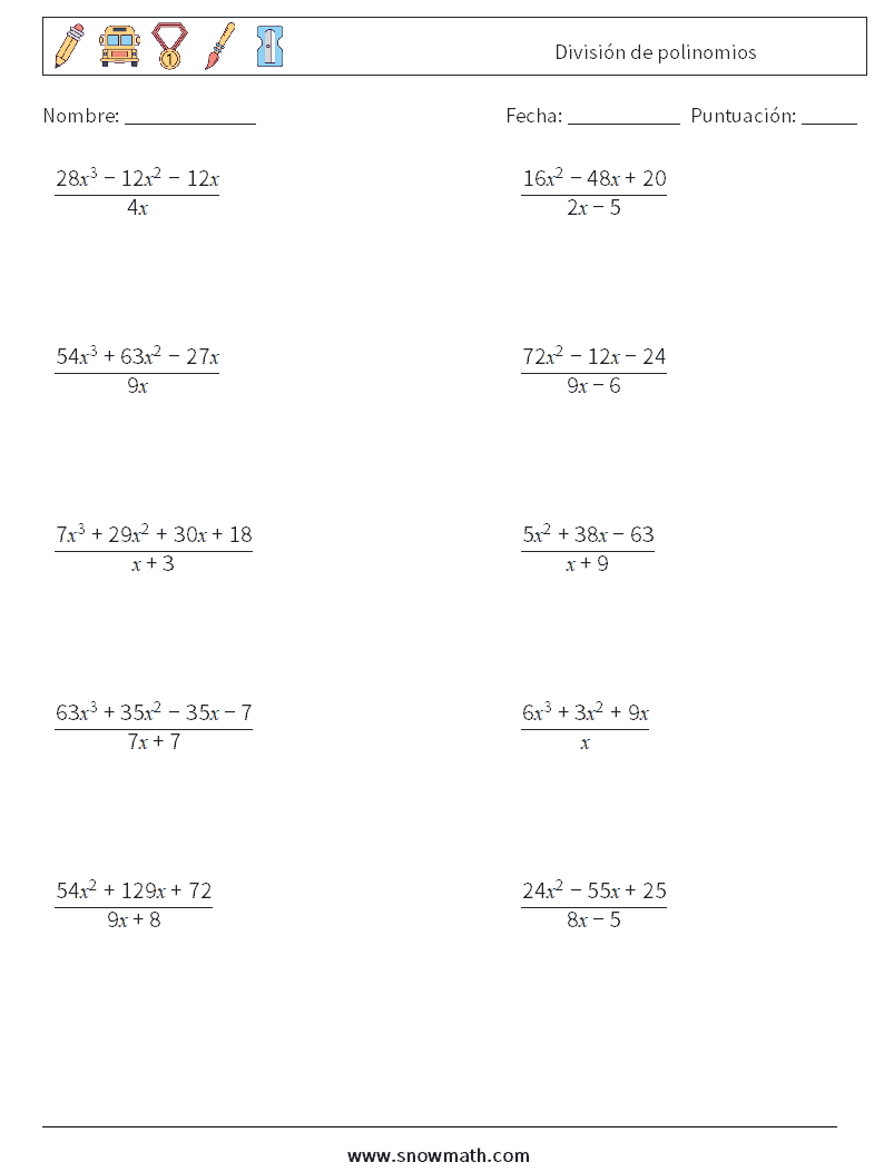 División de polinomios Hojas de trabajo de matemáticas 3