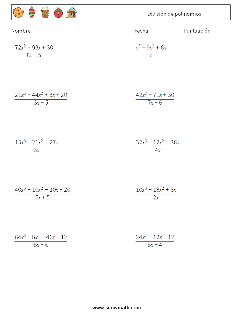 División de polinomios Hojas de trabajo de matemáticas 4