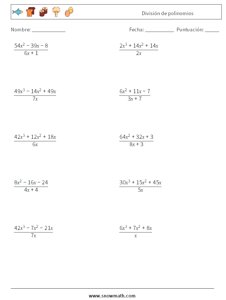 División de polinomios Hojas de trabajo de matemáticas 5