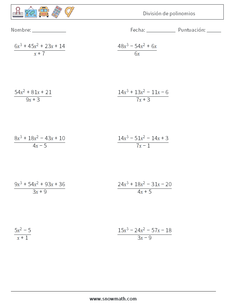 División de polinomios Hojas de trabajo de matemáticas 6