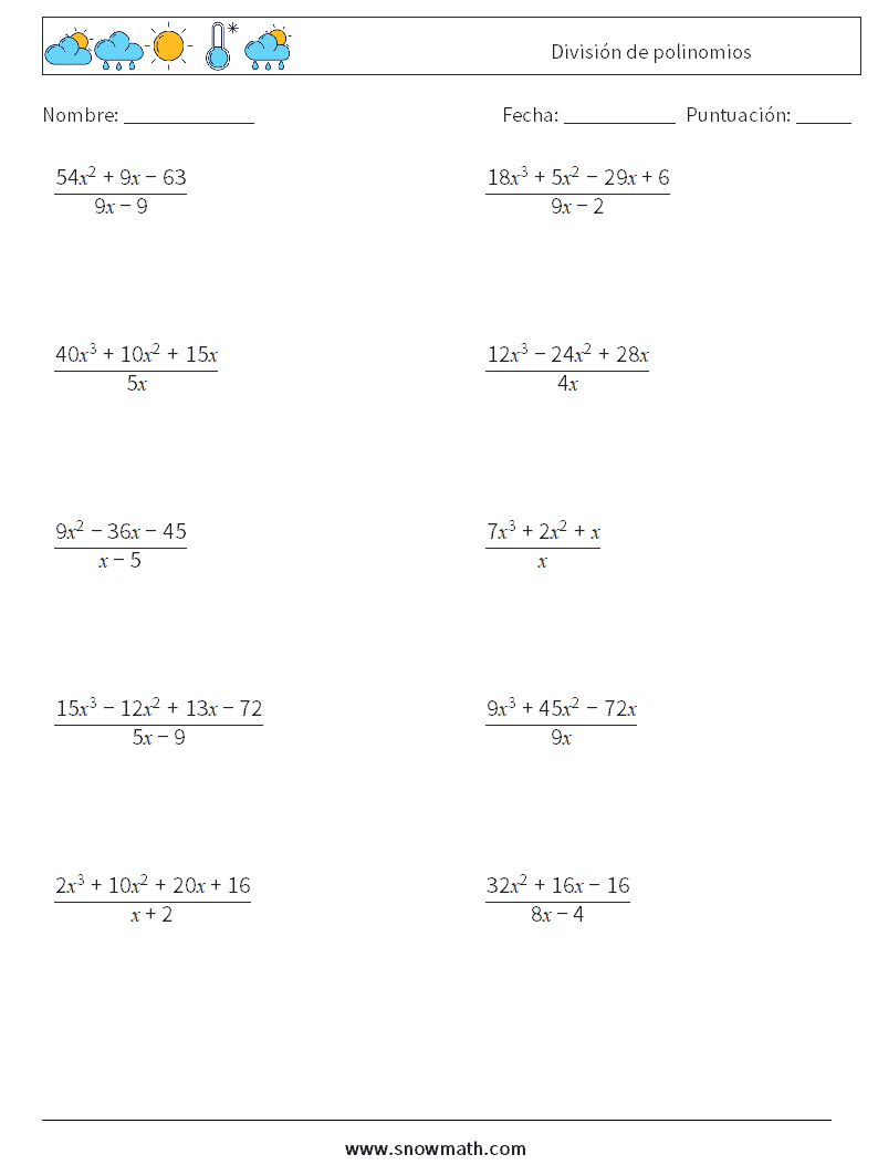 División de polinomios Hojas de trabajo de matemáticas 7