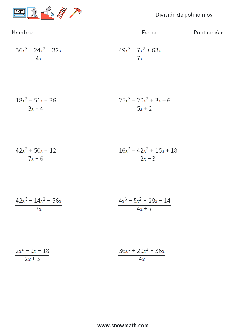 División de polinomios Hojas de trabajo de matemáticas 9