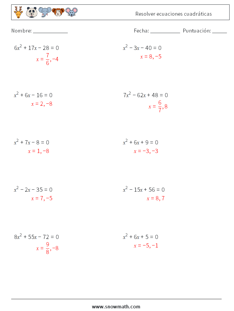 Resolver ecuaciones cuadráticas Hojas de trabajo de matemáticas 1 Pregunta, respuesta