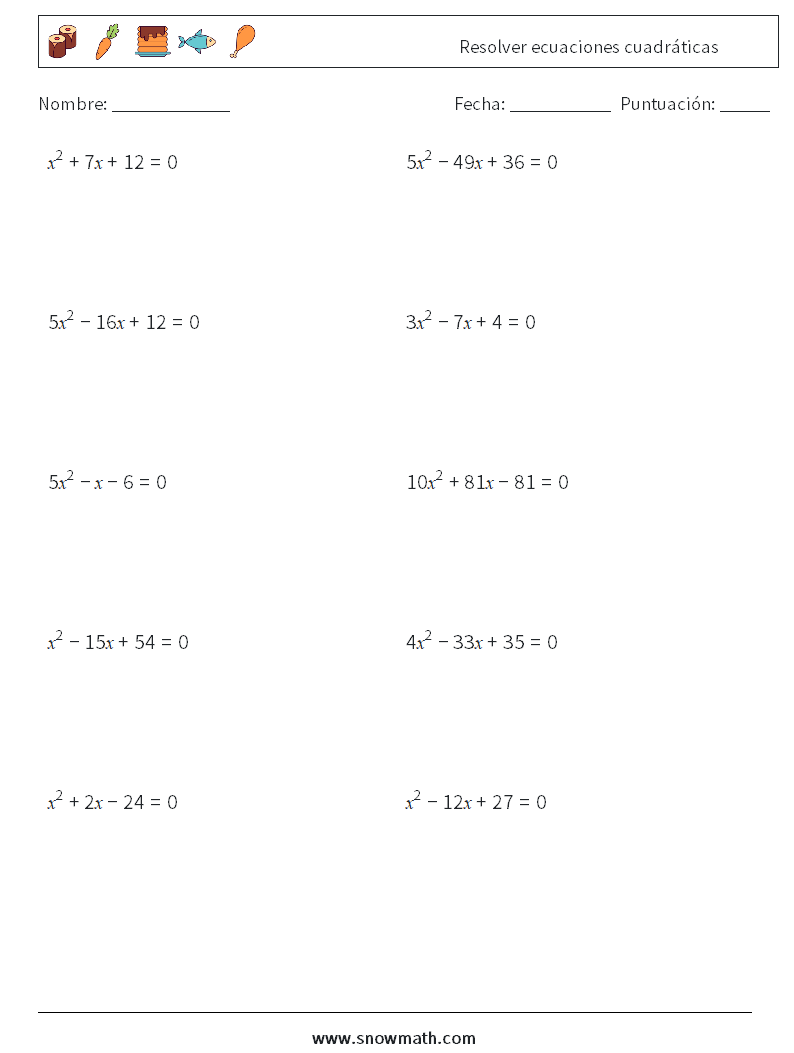 Resolver ecuaciones cuadráticas Hojas de trabajo de matemáticas 3