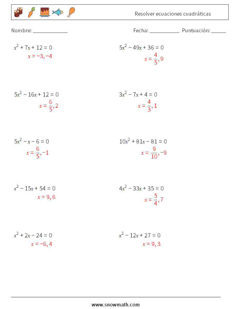 Resolver ecuaciones cuadráticas Hojas de trabajo de matemáticas 3 Pregunta, respuesta