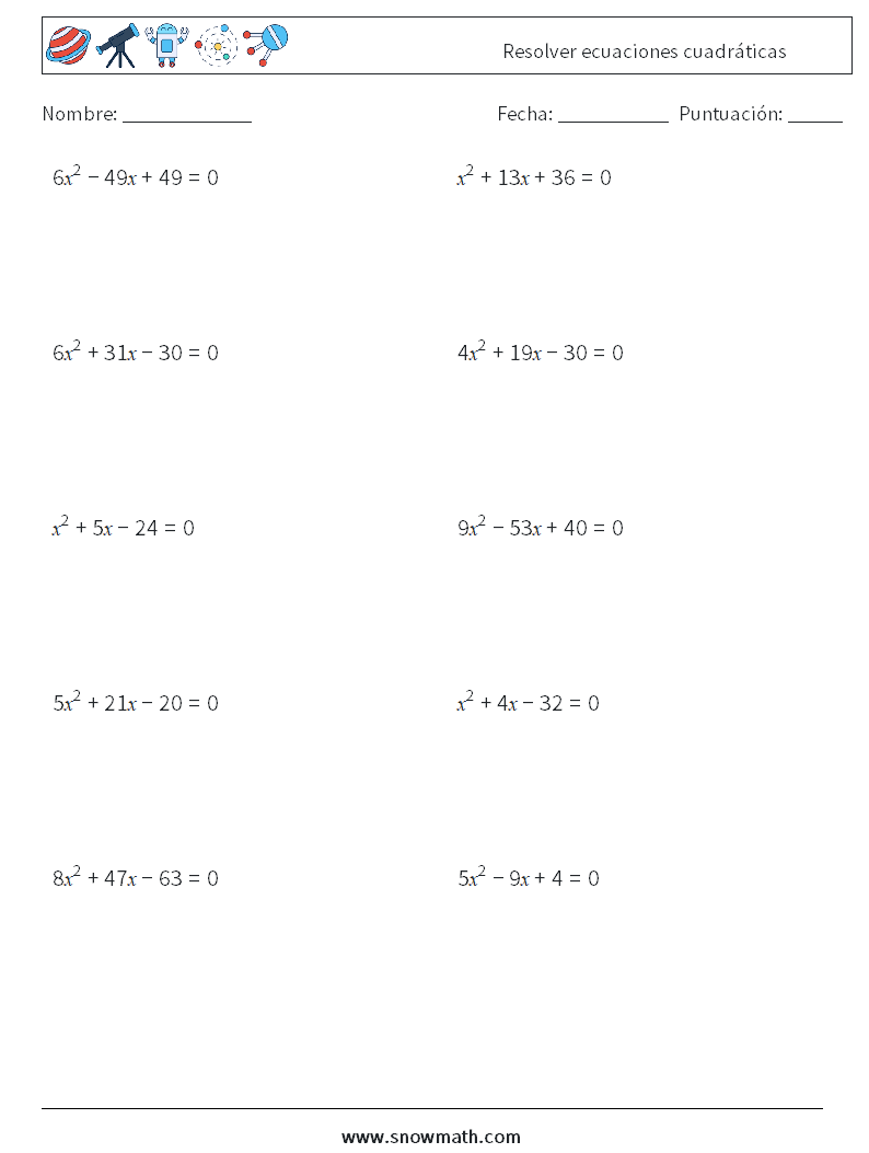 Resolver ecuaciones cuadráticas Hojas de trabajo de matemáticas 4