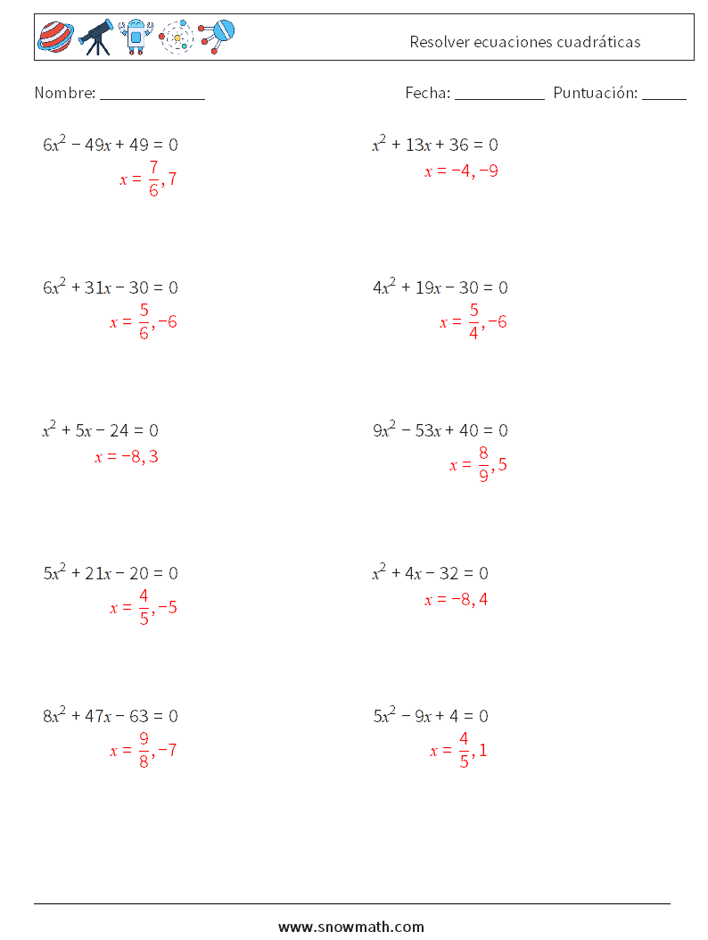 Resolver ecuaciones cuadráticas Hojas de trabajo de matemáticas 4 Pregunta, respuesta