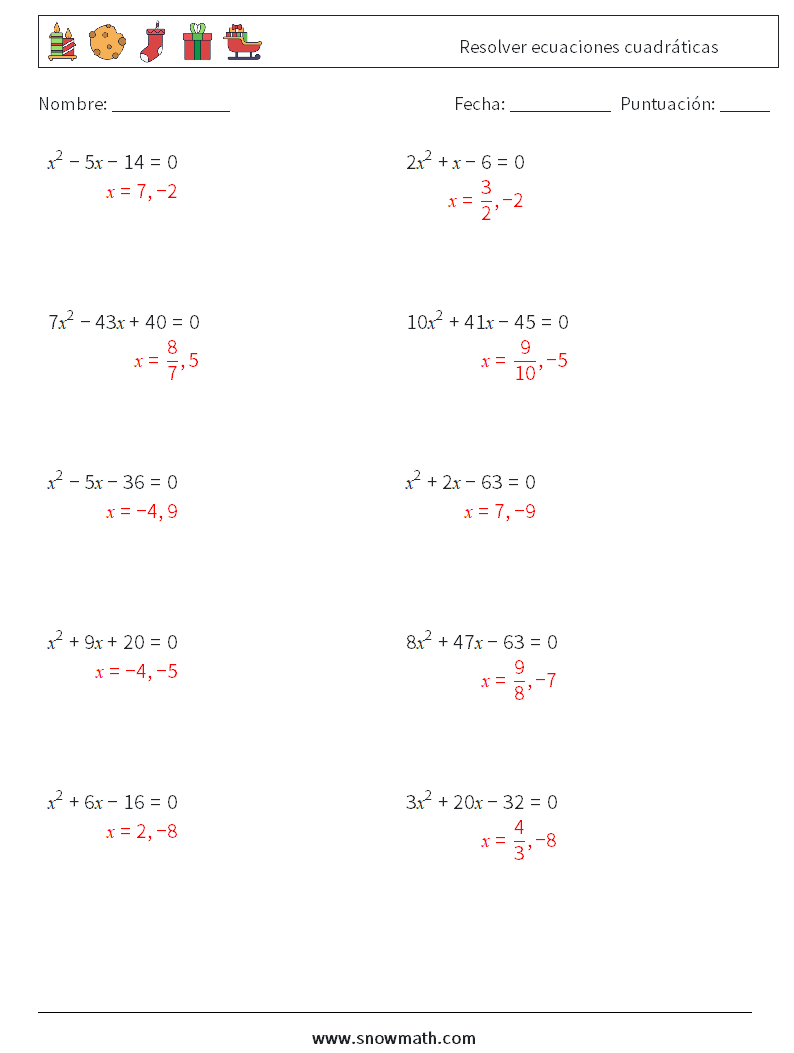 Resolver ecuaciones cuadráticas Hojas de trabajo de matemáticas 5 Pregunta, respuesta