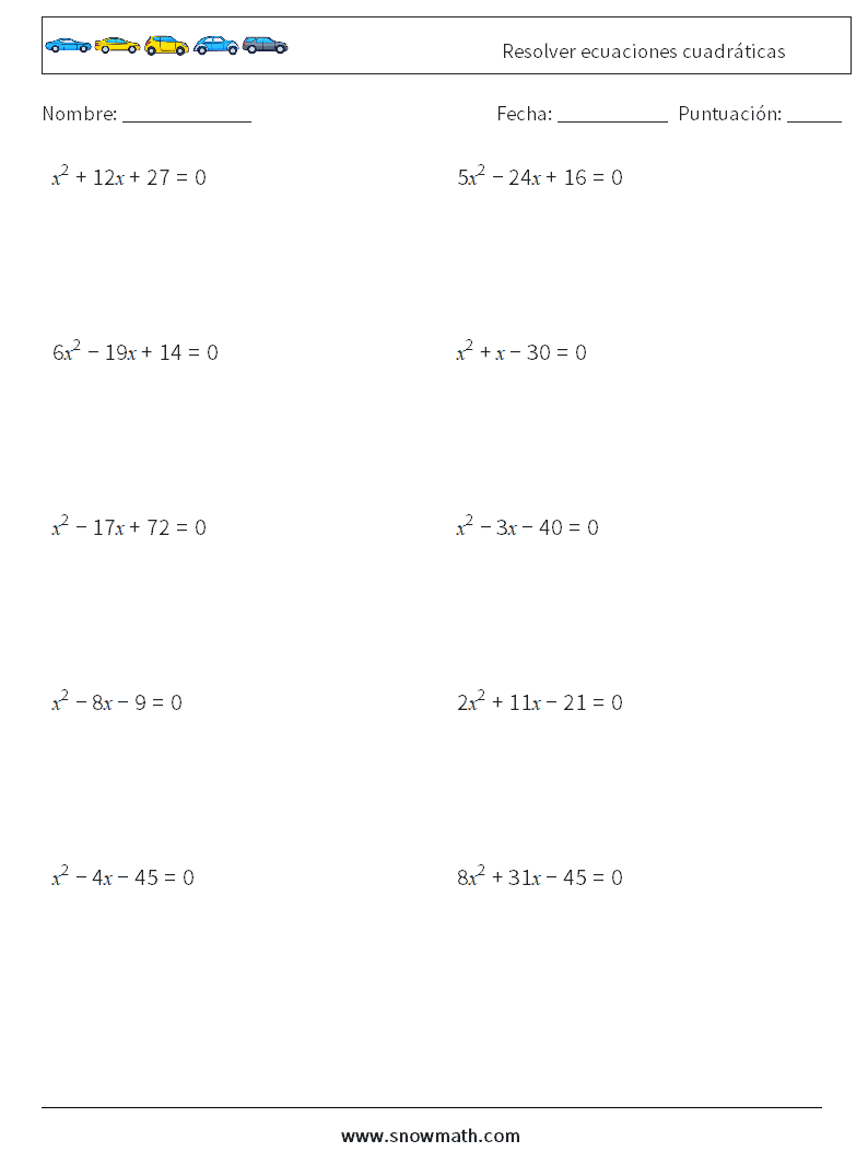 Resolver ecuaciones cuadráticas Hojas de trabajo de matemáticas 6