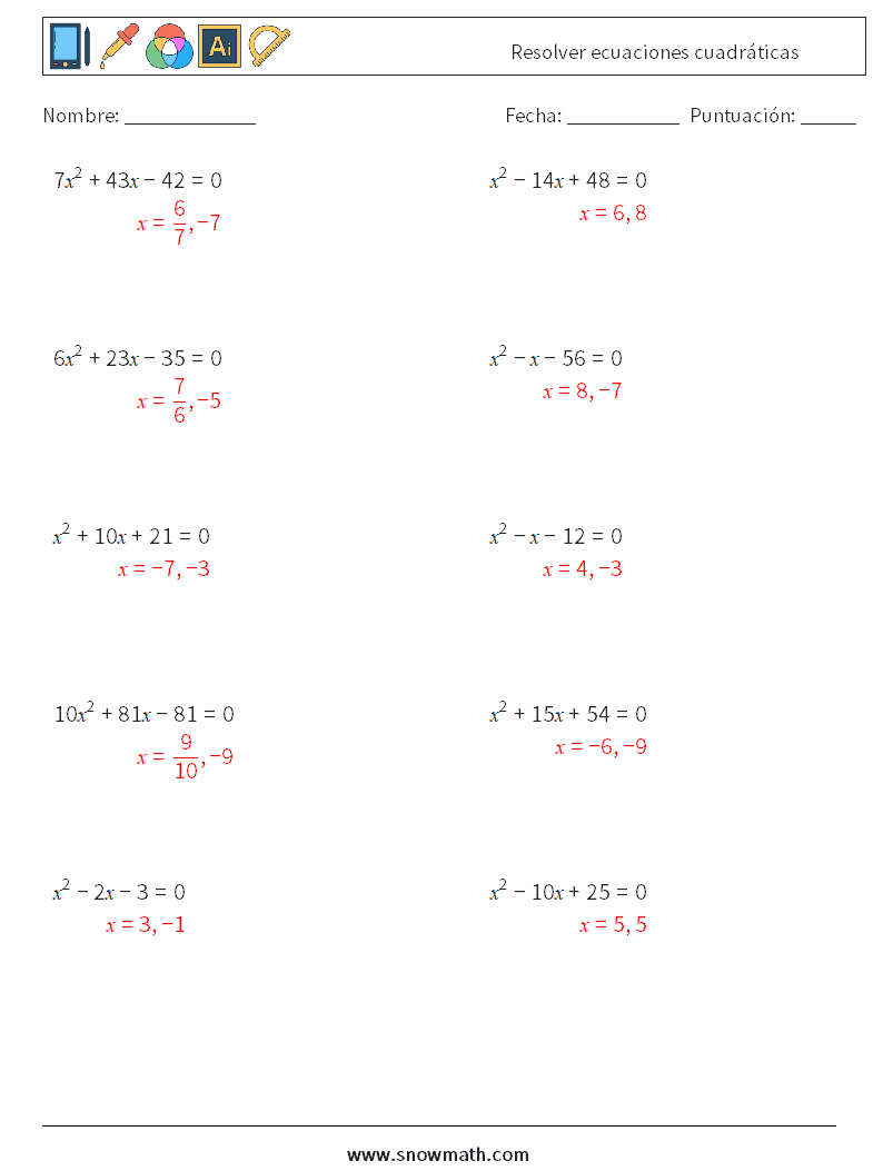 Resolver ecuaciones cuadráticas Hojas de trabajo de matemáticas 7 Pregunta, respuesta