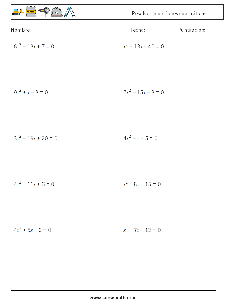 Resolver ecuaciones cuadráticas Hojas de trabajo de matemáticas 8