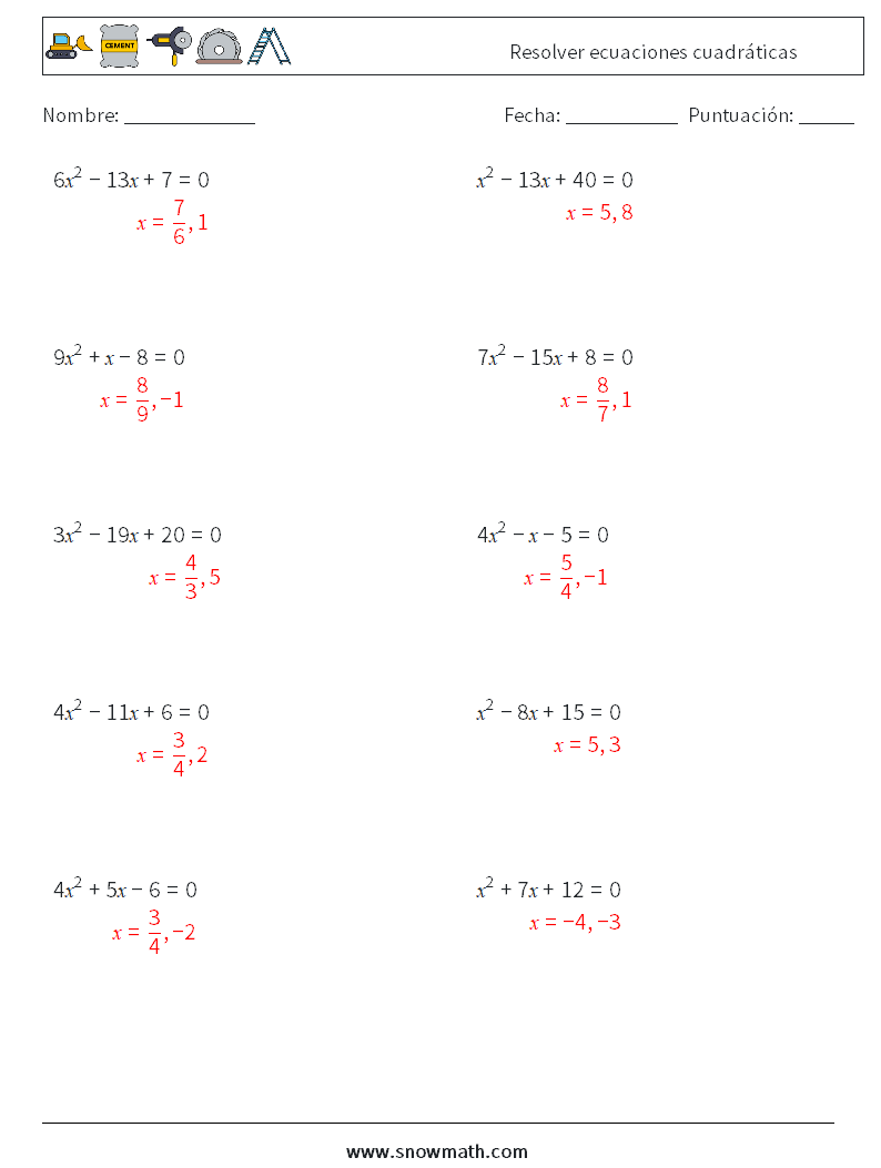 Resolver ecuaciones cuadráticas Hojas de trabajo de matemáticas 8 Pregunta, respuesta