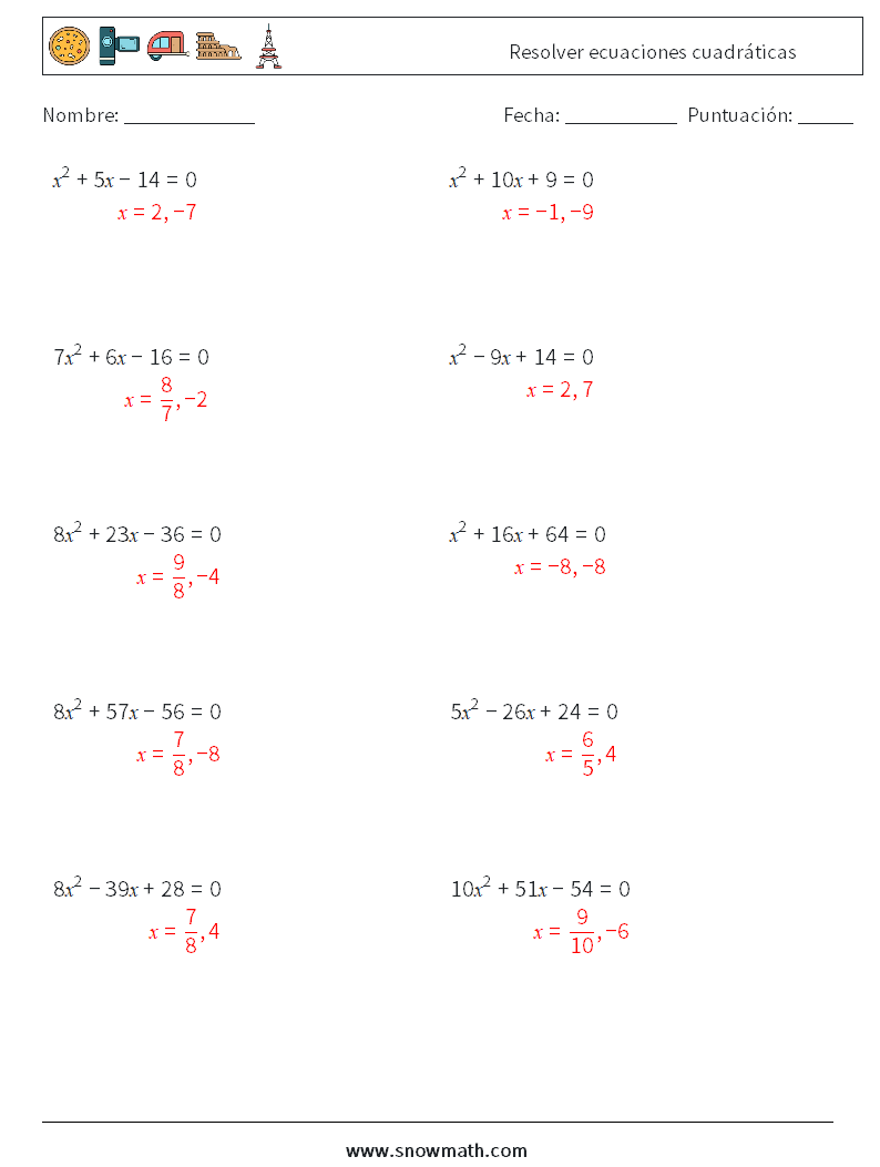 Resolver ecuaciones cuadráticas Hojas de trabajo de matemáticas 9 Pregunta, respuesta