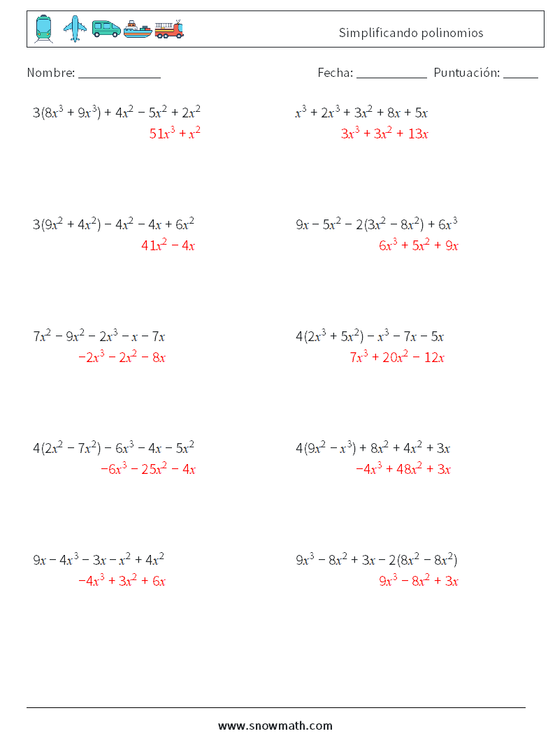 Simplificando polinomios Hojas de trabajo de matemáticas 1 Pregunta, respuesta