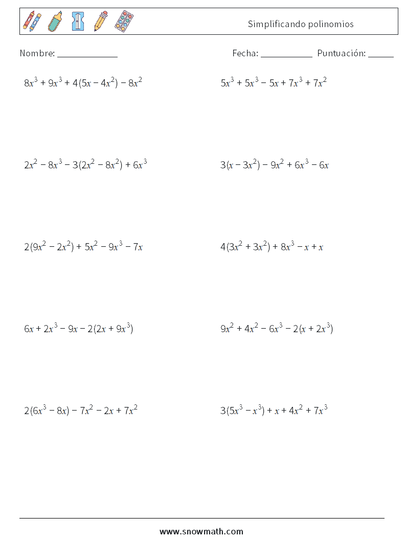 Simplificando polinomios Hojas de trabajo de matemáticas 2