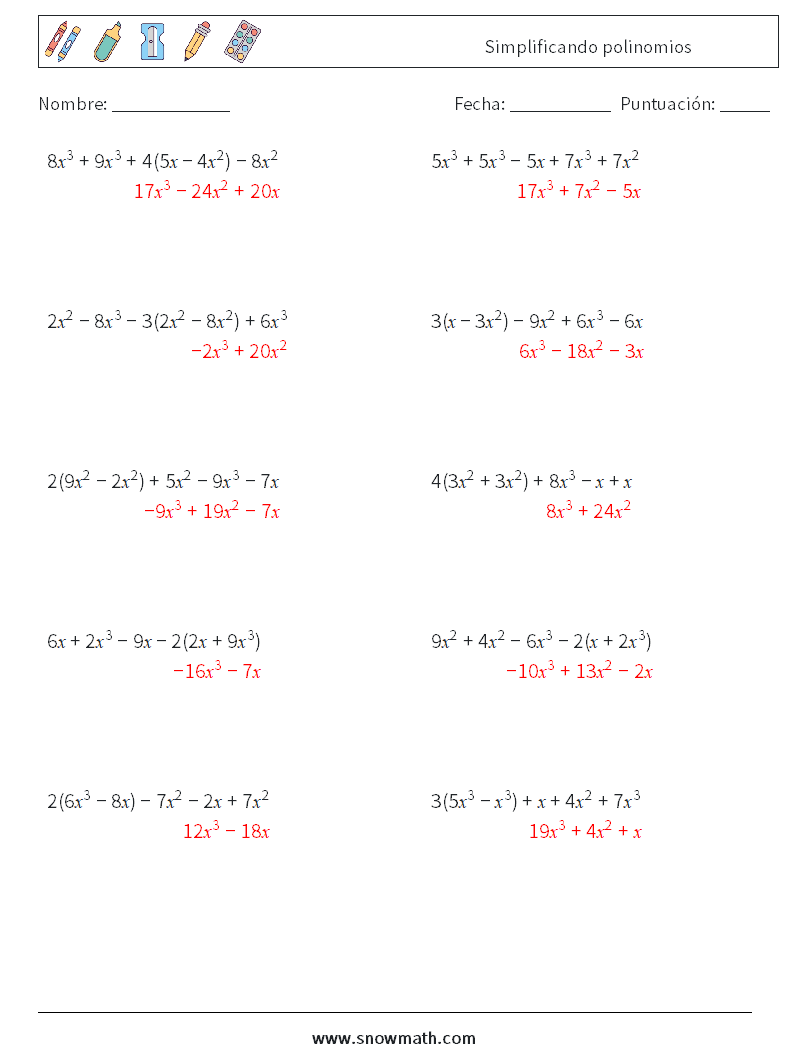 Simplificando polinomios Hojas de trabajo de matemáticas 2 Pregunta, respuesta